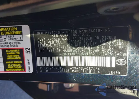 2020 Toyota Camry Se из США, поврежденный, VIN 4T1G11AK3LU511292